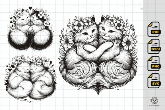 Download Romantic Floral Cat Couple Illustration - Illustration Collection
