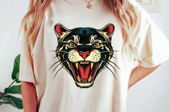 Download Fierce Roaring Panther Head Retro Vintage Tattoo Style Big Cat T-Shirt Design Png - Sign Collection