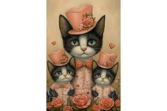 Download Cat Family in Pink Rose Outfits Print - Ink Collection